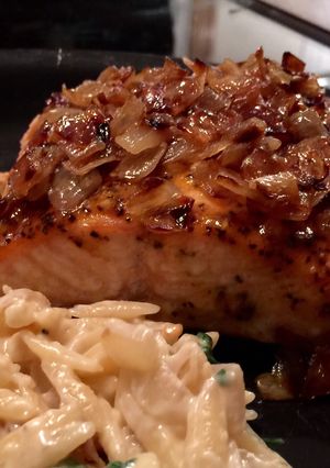 A picture of Baked Salmon with Caramelized Onions.
