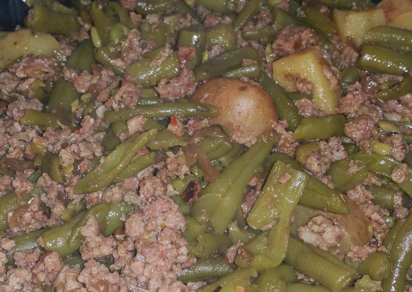 Beans, sausage, potatoes, good breakfast