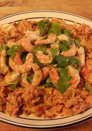 A picture of Kimchi Fried Rice with Dancing Shrimp.