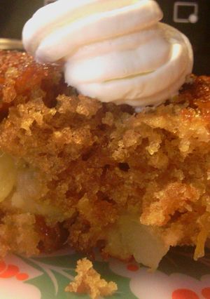 A picture of sunshines fruit cocktail dump cake.