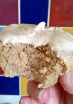 A picture of Vickys Vanilla Cupcakes with Coffee/Mocha Icing, GF DF EF SF NF.