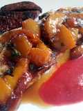 French toast and caramelized peaches with raspberry sauce
