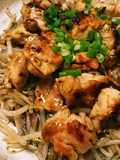 Chicken with Worcestershire Sauce Stir-Fry on Maitake Mushrooms and Bean Sprouts