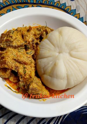 A picture of Egusi Soup with infused uziza leaves and ehu seed.