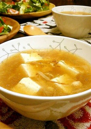 A picture of Chicken Soboro and Thickened Tofu Soup.