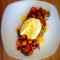 Poached Egg with Hollandaise Sauce and Sweet Potato Spinach Hash A picture of Poached Egg with Hollandaise Sauce and Sweet Potato Spinach Hash.