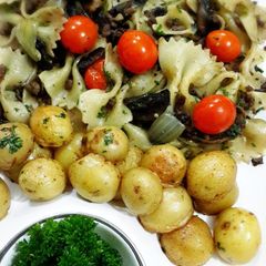 A picture of Bowties Beef Mushroom with Buttered Potatoes.