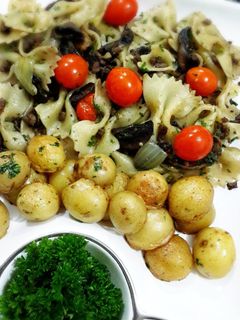 A picture of Bowties Beef Mushroom with Buttered Potatoes.