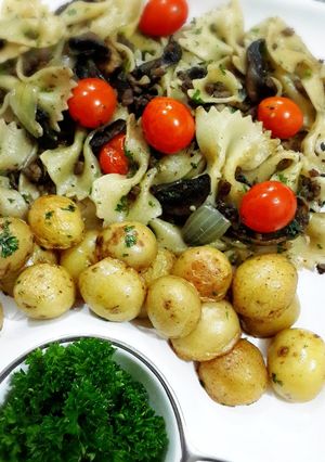 A picture of Bowties Beef Mushroom with Buttered Potatoes.