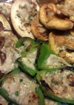 A picture of Pan Fried Vegies-Tofu Stuffed with Minced Fish.