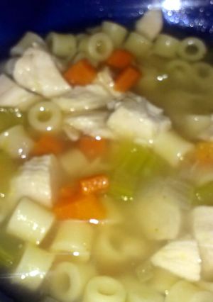 A picture of chicken noodle soup.