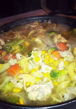 A picture of chicken noodle soup.