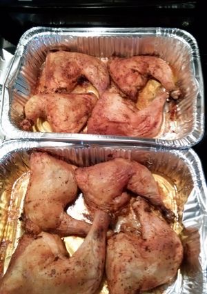 A picture of Individual roast chicken leg quarters.