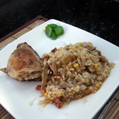 A picture of chicken and chorizo risotto.