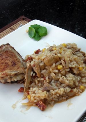 A picture of chicken and chorizo risotto.