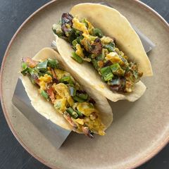 A picture of Bacon egg poblano breakfast tacos!.