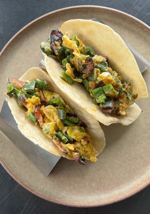 A picture of Bacon egg poblano breakfast tacos!.