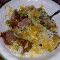 A picture of Rice and kielbasa meal.