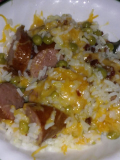 A picture of Rice and kielbasa meal.