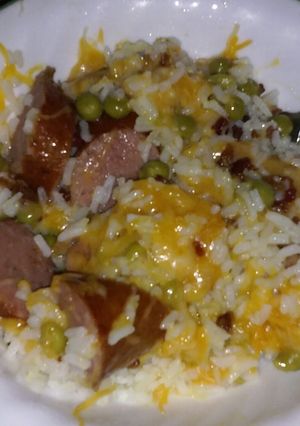 A picture of Rice and kielbasa meal.