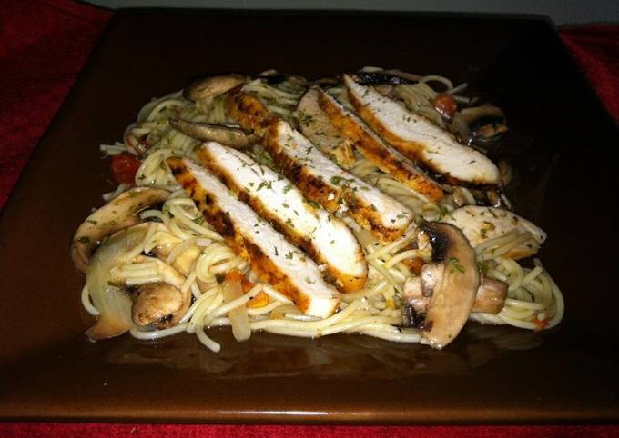 Recipe of Super Quick Homemade Grilled Chicken with mushrooms and Angel Hair Pasta