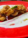 Prawn cakes with yoghurt honey lemon peel dip