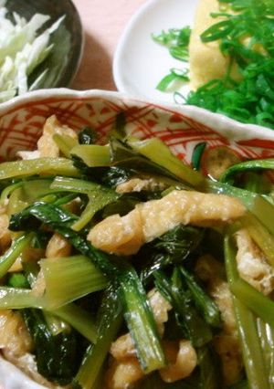 A picture of Authentic Kyoto Style Komatsuna and Fried Tofu Stir Fry.