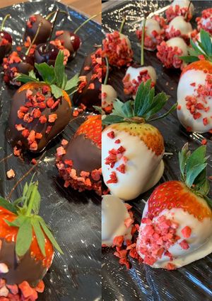 A picture of Fruit dipped in chocolate.
