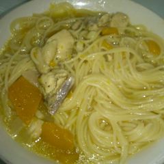 A picture of Chicken squash noodles soup.