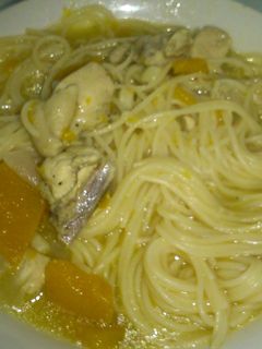 A picture of Chicken squash noodles soup.
