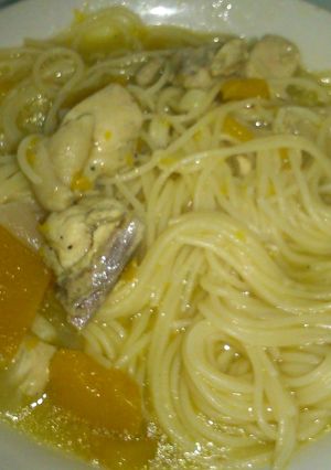 A picture of Chicken squash noodles soup.