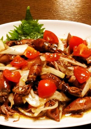 A picture of Sweet Onion and Firefly Squid Marinated in Balsamic Vinegar.