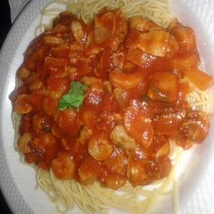 A picture of shrimp and bacon with chile habenero.