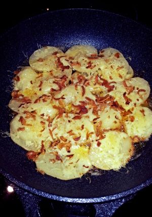 A picture of H's best crispy stove top potatoes.
