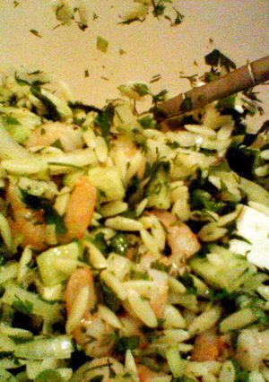 A picture of Orzo and Prawn salad.