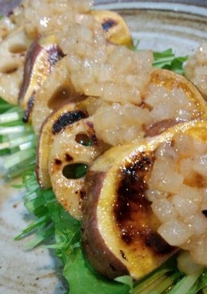 A picture of Lotus Root and Sweet Potato Salad with Pear Sauce.