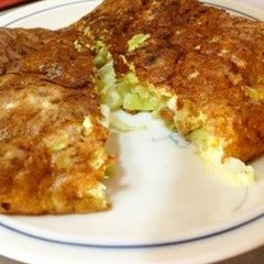 A picture of Okonomiyaki-style Natto and Cabbage Omelet.