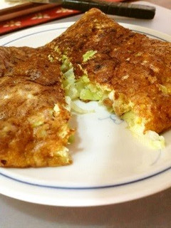 A picture of Okonomiyaki-style Natto and Cabbage Omelet.