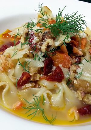 A picture of Salmon And Spice Carrot With Farfalla Pasta.