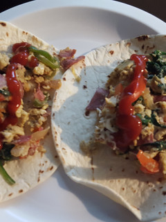 A picture of Veggie and Turkey Bacon Breakfast Burritos.