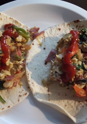 A picture of Veggie and Turkey Bacon Breakfast Burritos.