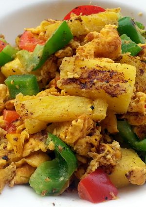 A picture of Scrambled Eggs With Pineapple And Bell Pepper.
