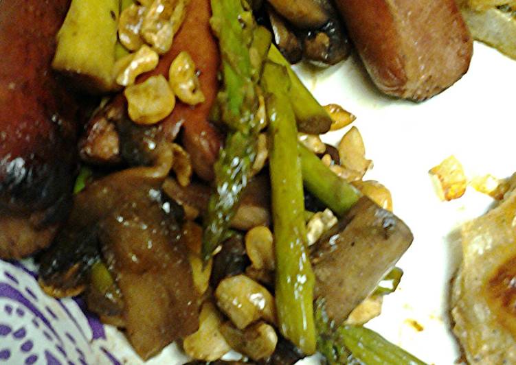 Recipe of Any-night-of-the-week Asparagus,  mushrooms cashews and splitdogs