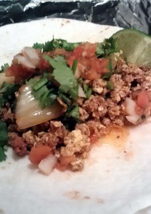 A picture of chorizo and eggs.