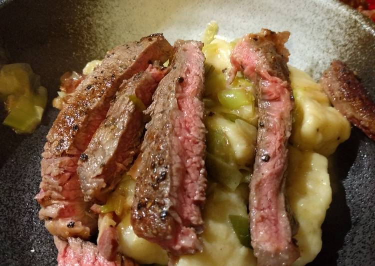 Tagliata with gnocchi and buttered leeks