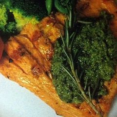 A picture of Salmon with Cilantro Pesto.