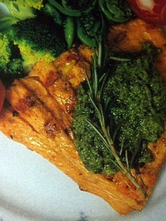 A picture of Salmon with Cilantro Pesto.