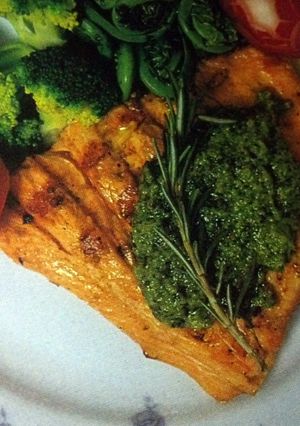 A picture of Salmon with Cilantro Pesto.