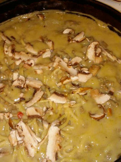 A picture of Beefy Spaghetti & Shaved Mushrooms.
