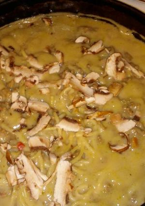 A picture of Beefy Spaghetti & Shaved Mushrooms.